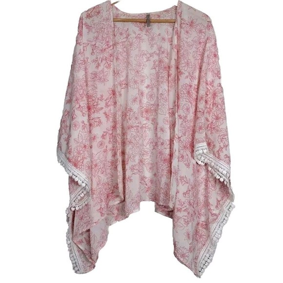 Women's Fringe Cardigan Pink Kimono Short Sleeve Size Os Cover up - Picture 5 of 9